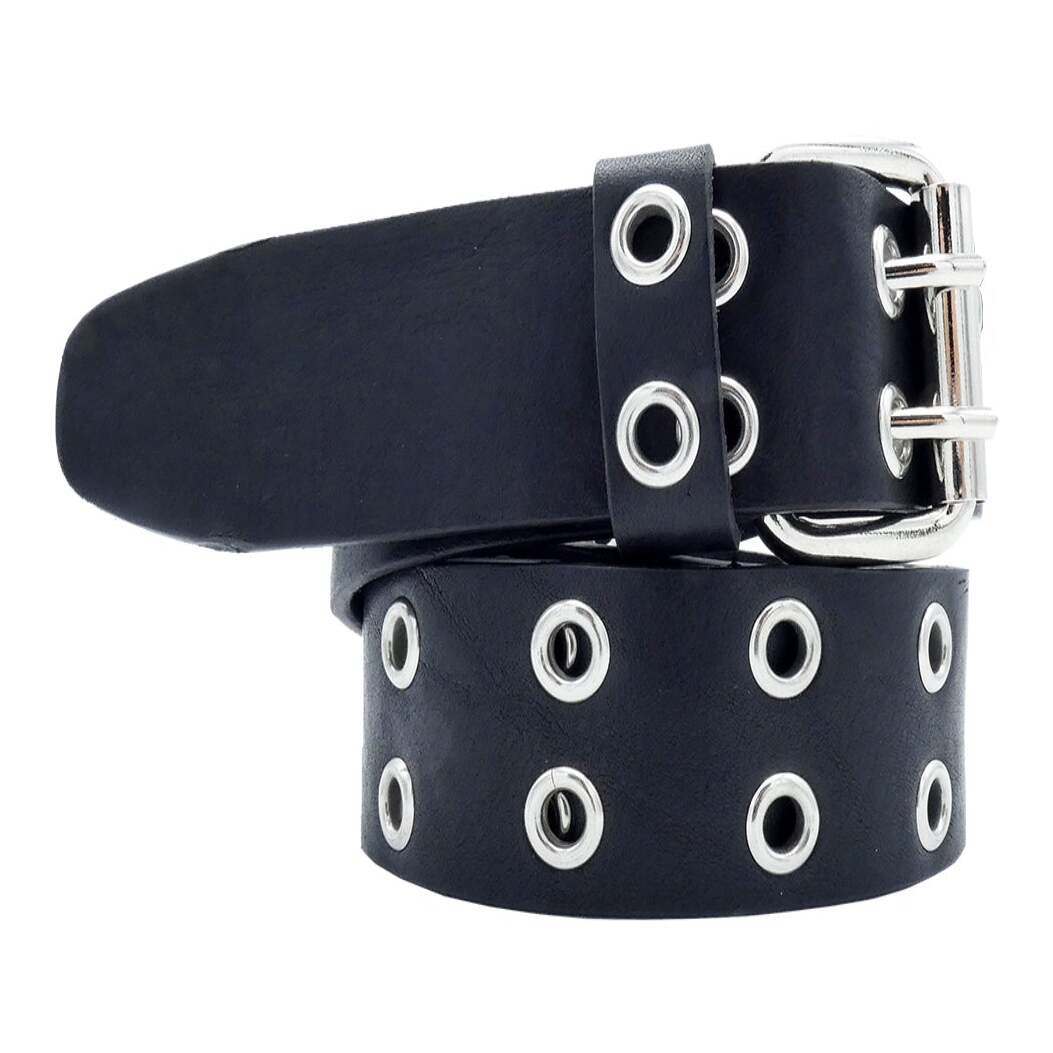 Jenny 4 cm black leather belt with eyelets and double pin roller buckle in zamak