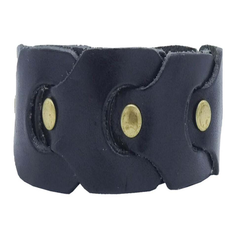 Hand-woven leather bracelet with 3 cm antique brass studs - Dolomites