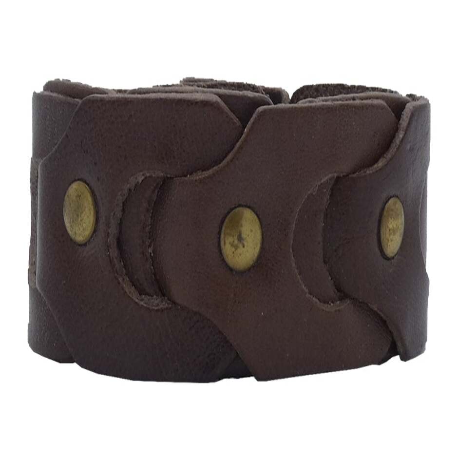 Hand-woven leather bracelet with 3 cm antique brass studs - Dolomites