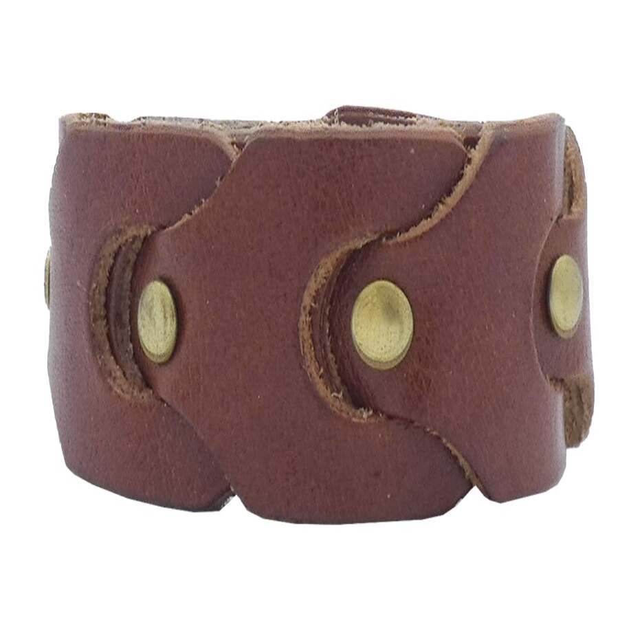 Hand-woven leather bracelet with 3 cm antique brass studs - Dolomites