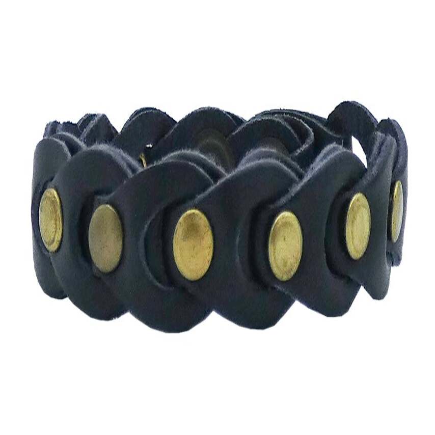 Hand-woven leather bracelet with 1.5 cm antique brass studs - Himalaya