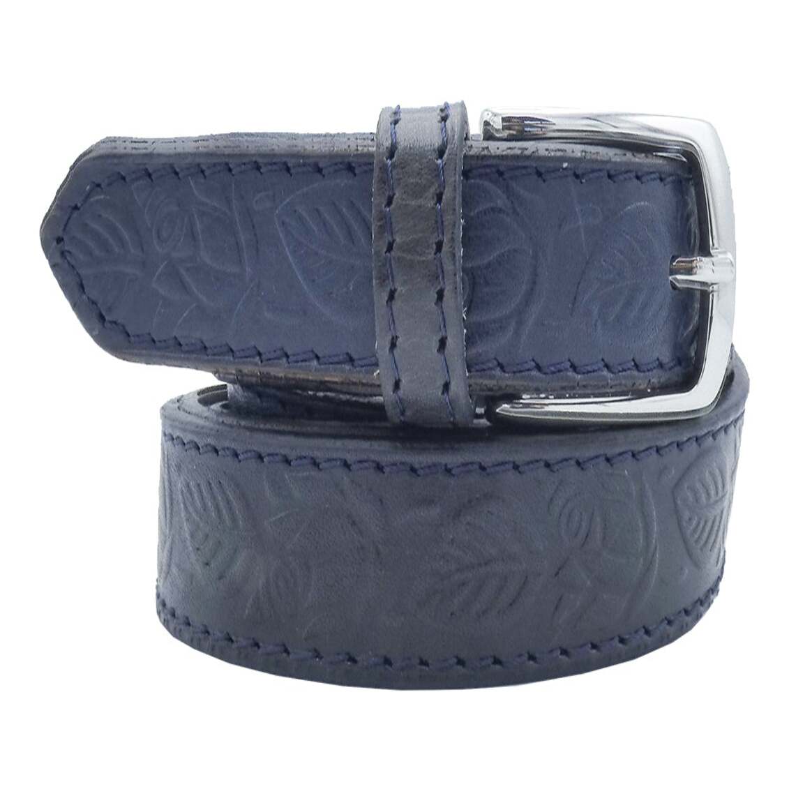 Monet-Gürtel aus handgeprägtem Leder mit handgefertigter Schnalle aus satiniertem Zamak