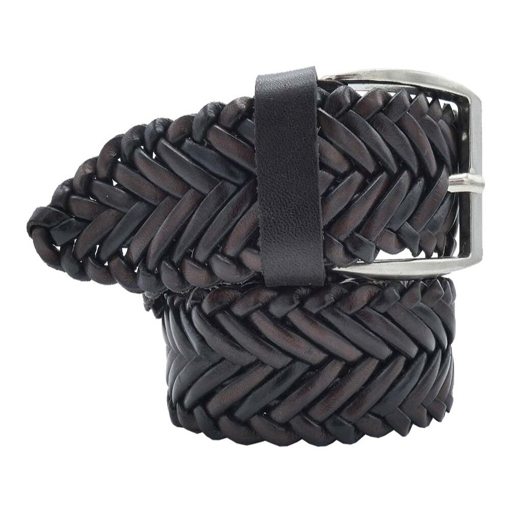 Spiga Belt in Hand-Woven Leather with Artisan Buckle in Zamak, Satin Nickel and Antique Brass