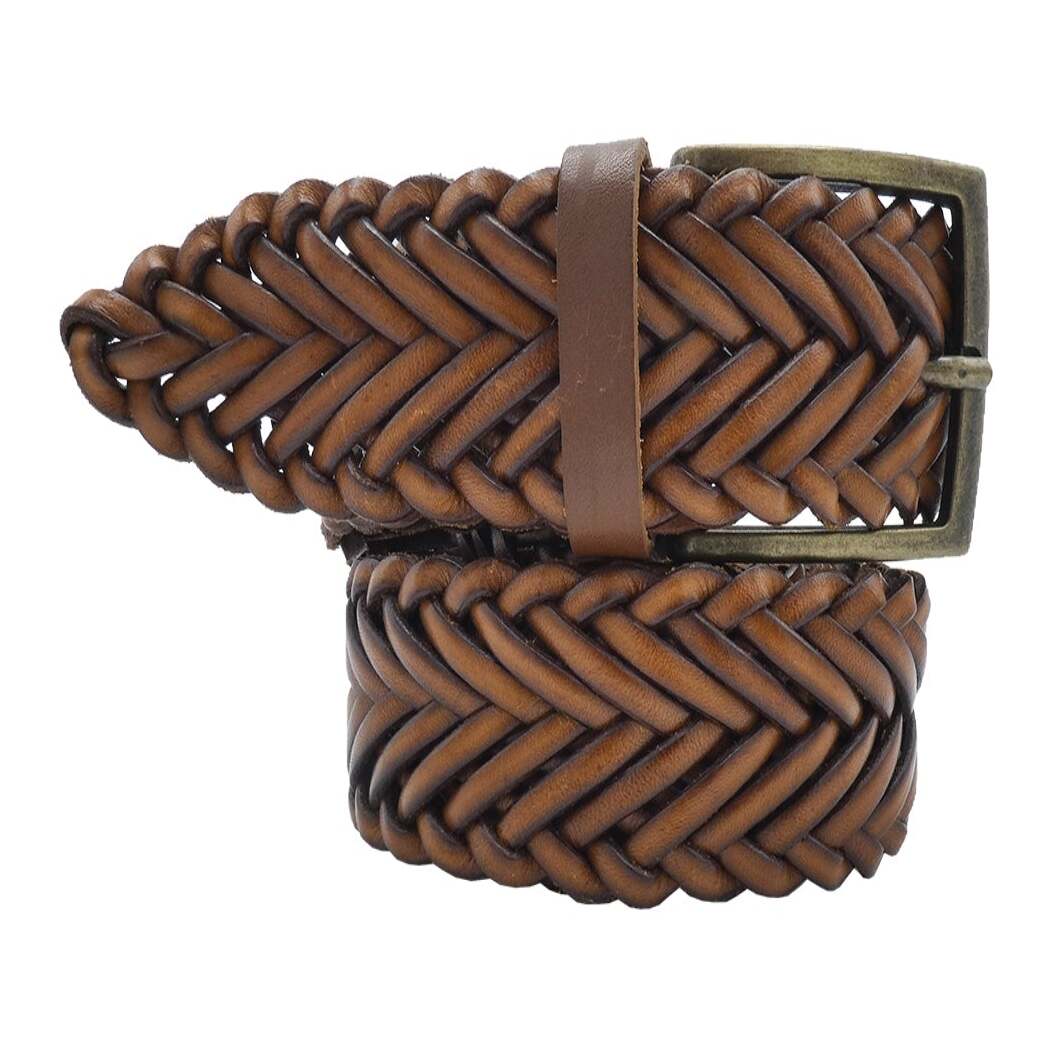 Spiga Belt in Hand-Woven Leather with Artisan Buckle in Zamak, Satin Nickel and Antique Brass