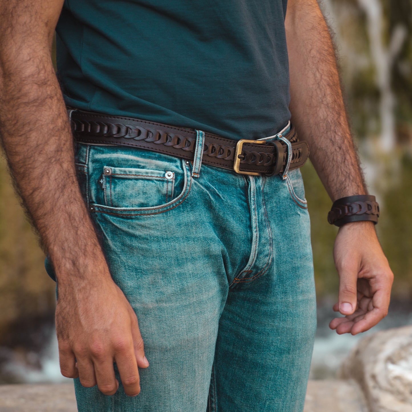 Hand-woven leather belt with handcrafted zamak buckle - Livorno