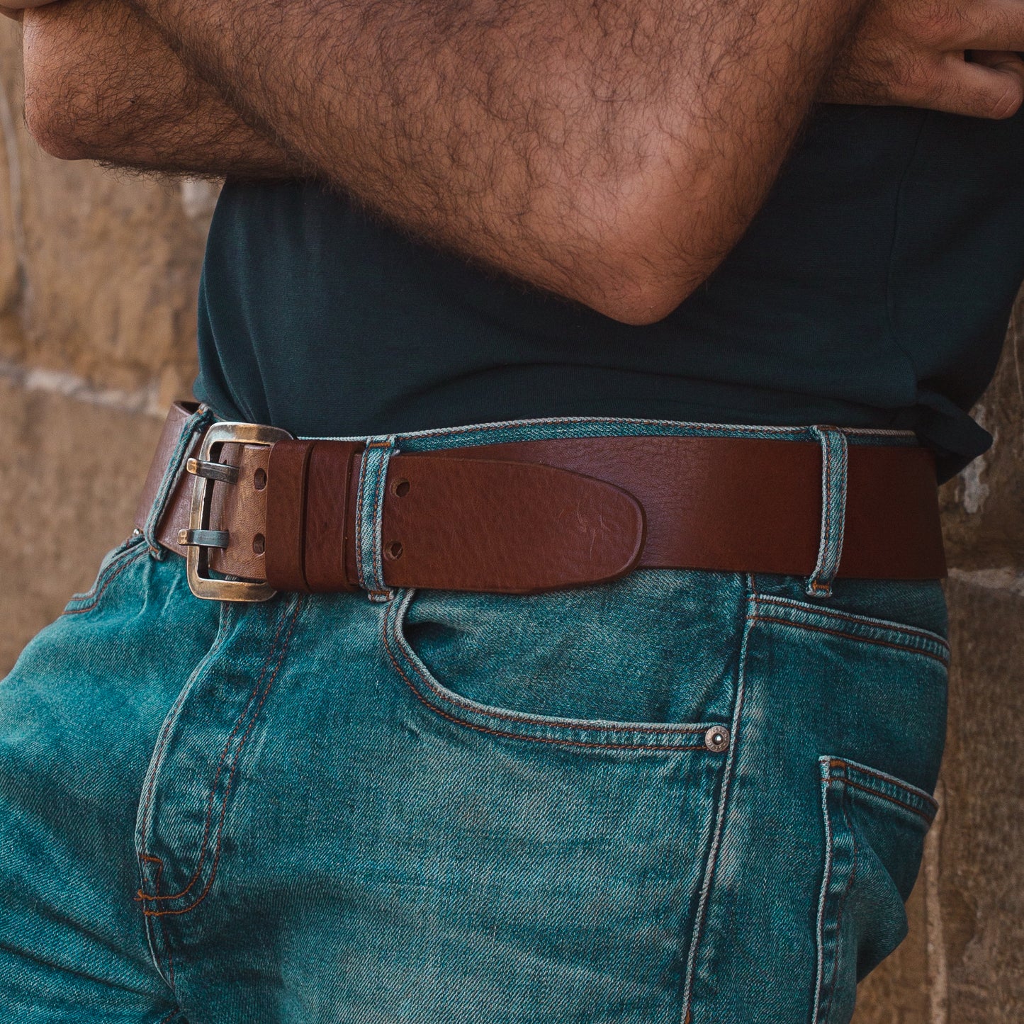 5cm Liberty leather belt with handcrafted double pin buckle in antique gunmetal zamak