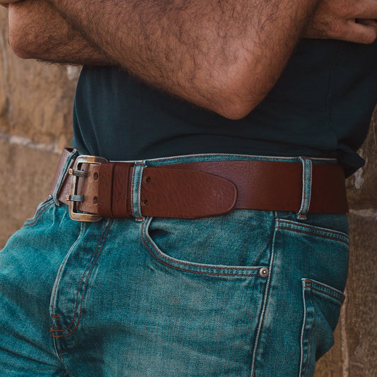 5cm Liberty leather belt with handcrafted double pin buckle in antique gunmetal zamak