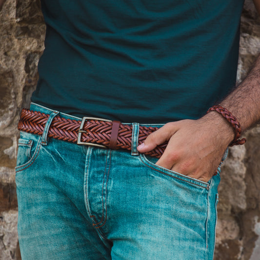Spiga Belt in Hand-Woven Leather with Artisan Buckle in Zamak, Satin Nickel and Antique Brass