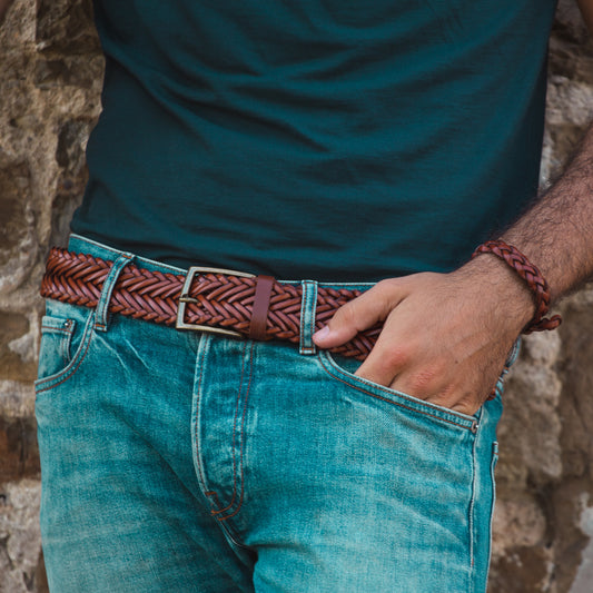 Ceinture Spiga en Cuir Tisse Main avec Boucle Artisanale en Zamak, Nickel Satine et Laiton Antique