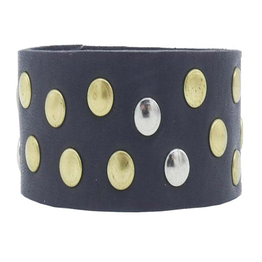 Leather bracelet with antique brass and polished nickel studs - Alpi cm3