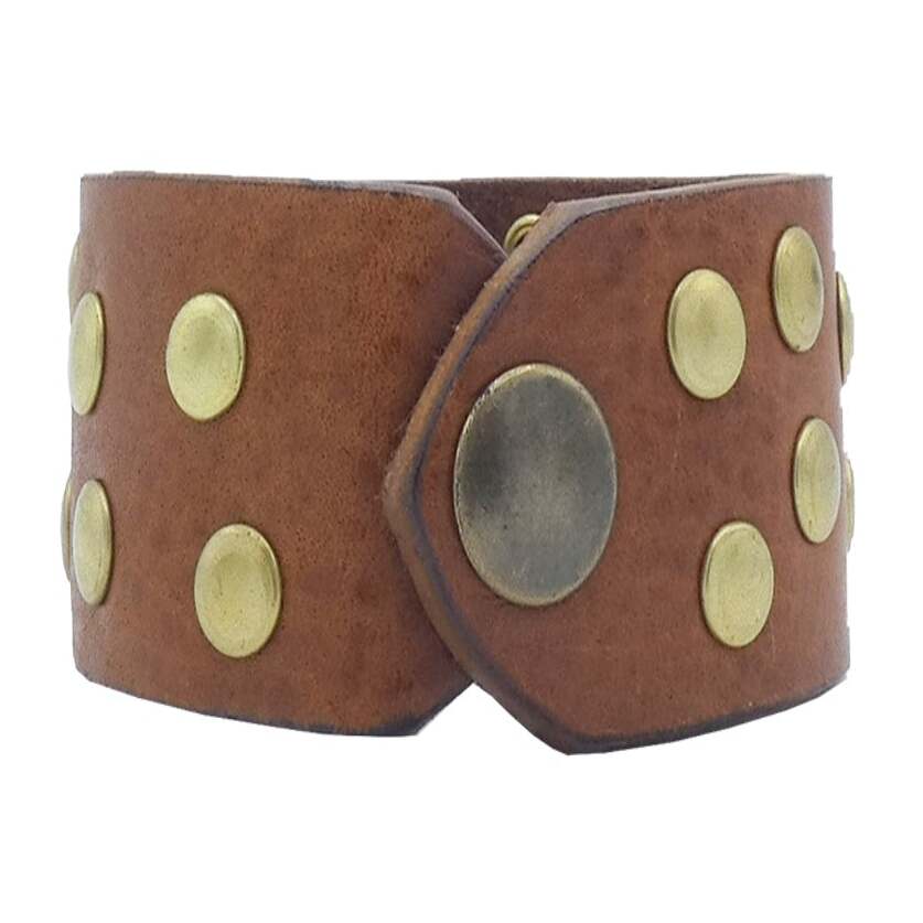 Bracelet en cuir avec clous en laiton antique et nickel poli - Alpi cm3
