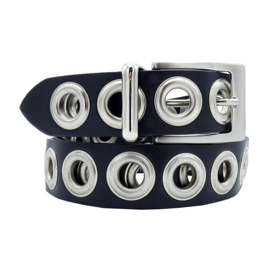 Ceinture Amanda 3cm en cuir noir avec gros œillets metalliques