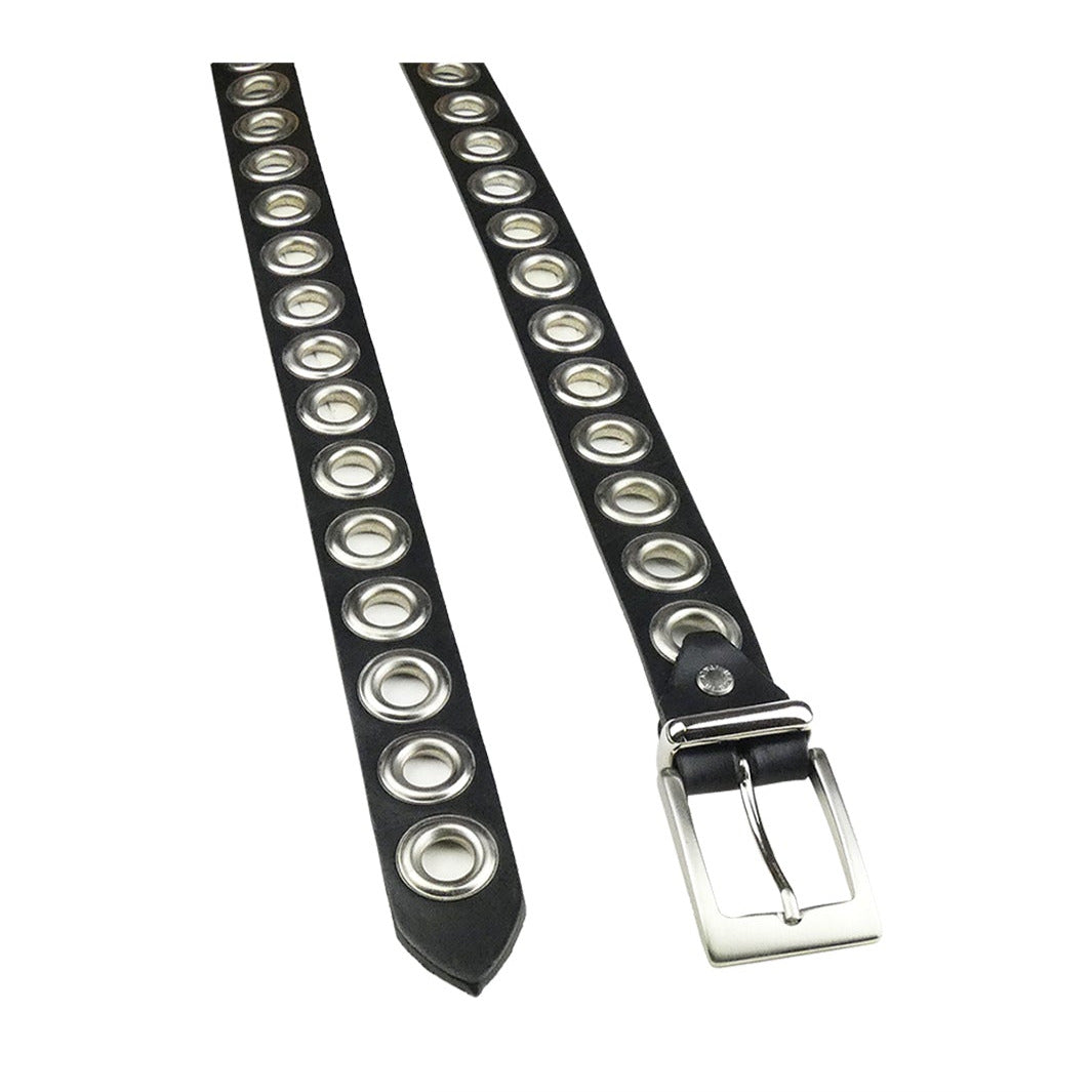 Cinturón Amanda de piel negra de 3 cm con grandes ojales metálicos