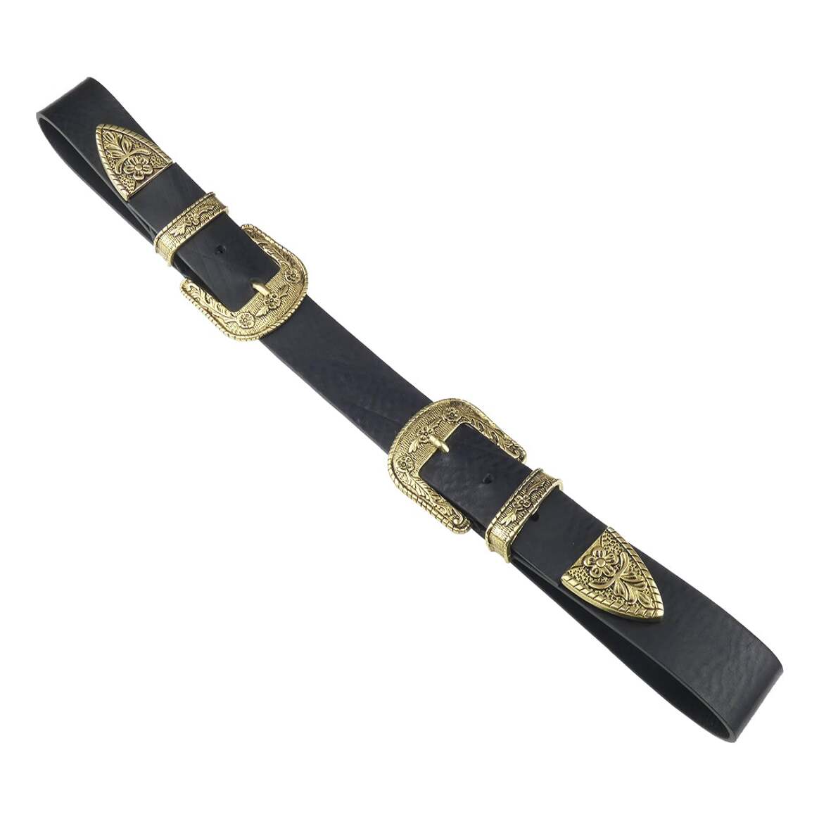 Gaudì-Gürtel aus schwarzem Leder mit Schnallen in Gold und Antiksilber