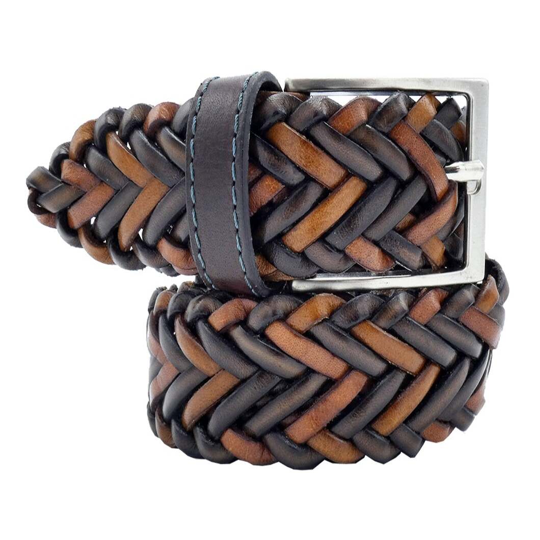 Cinturón de piel tejido a mano con hebilla artesanal de zamak níquel satinado - Peonía