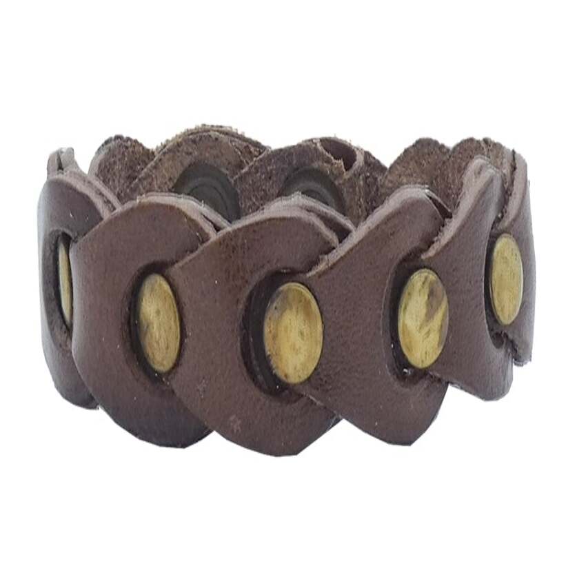 Hand-woven leather bracelet with 1.5 cm antique brass studs - Himalaya