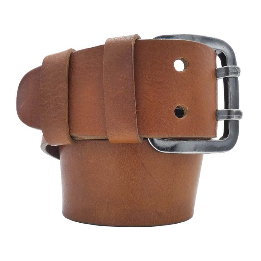 5cm Liberty leather belt with handcrafted double pin buckle in antique gunmetal zamak