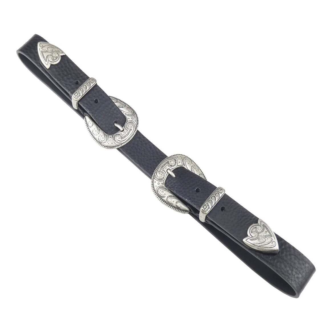 Michelangelo leather belt with double buckle tip and antique silver zamak loop