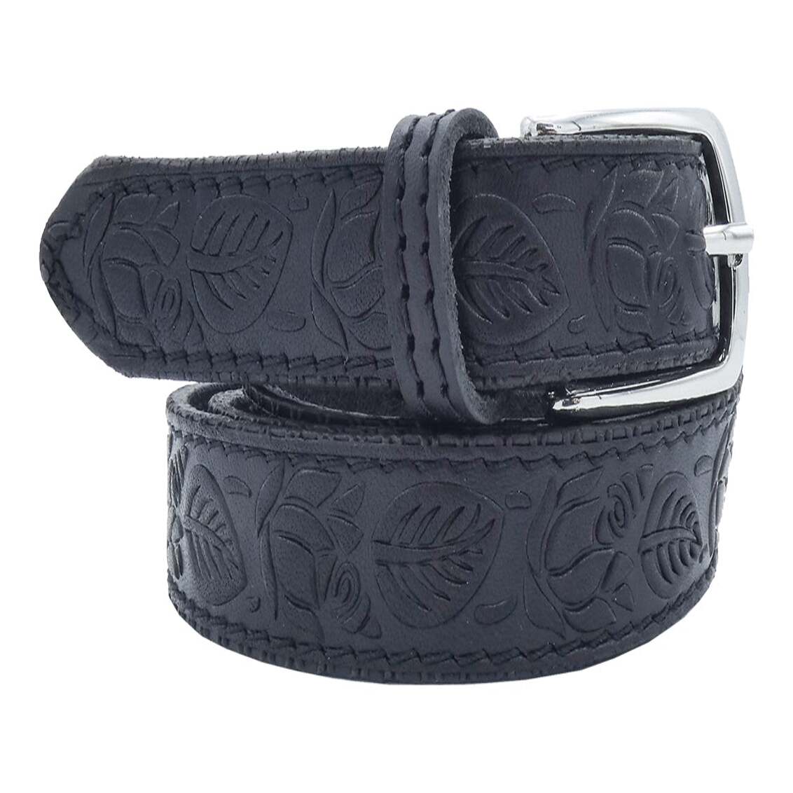 Monet-Gürtel aus handgeprägtem Leder mit handgefertigter Schnalle aus satiniertem Zamak