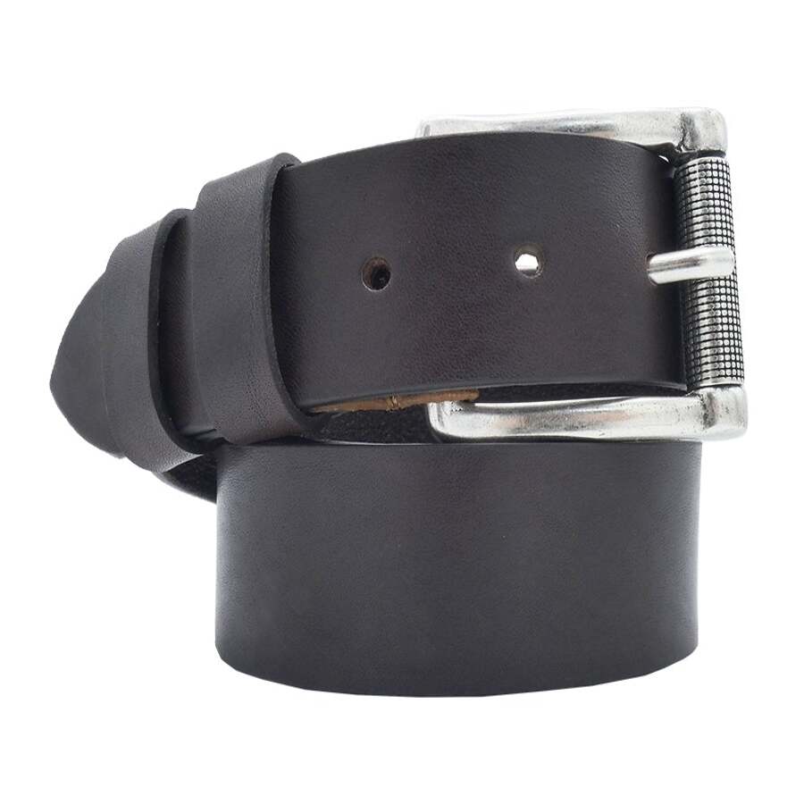 4cm Roma leather belt with handcrafted zamak antique silver knurled roller buckle