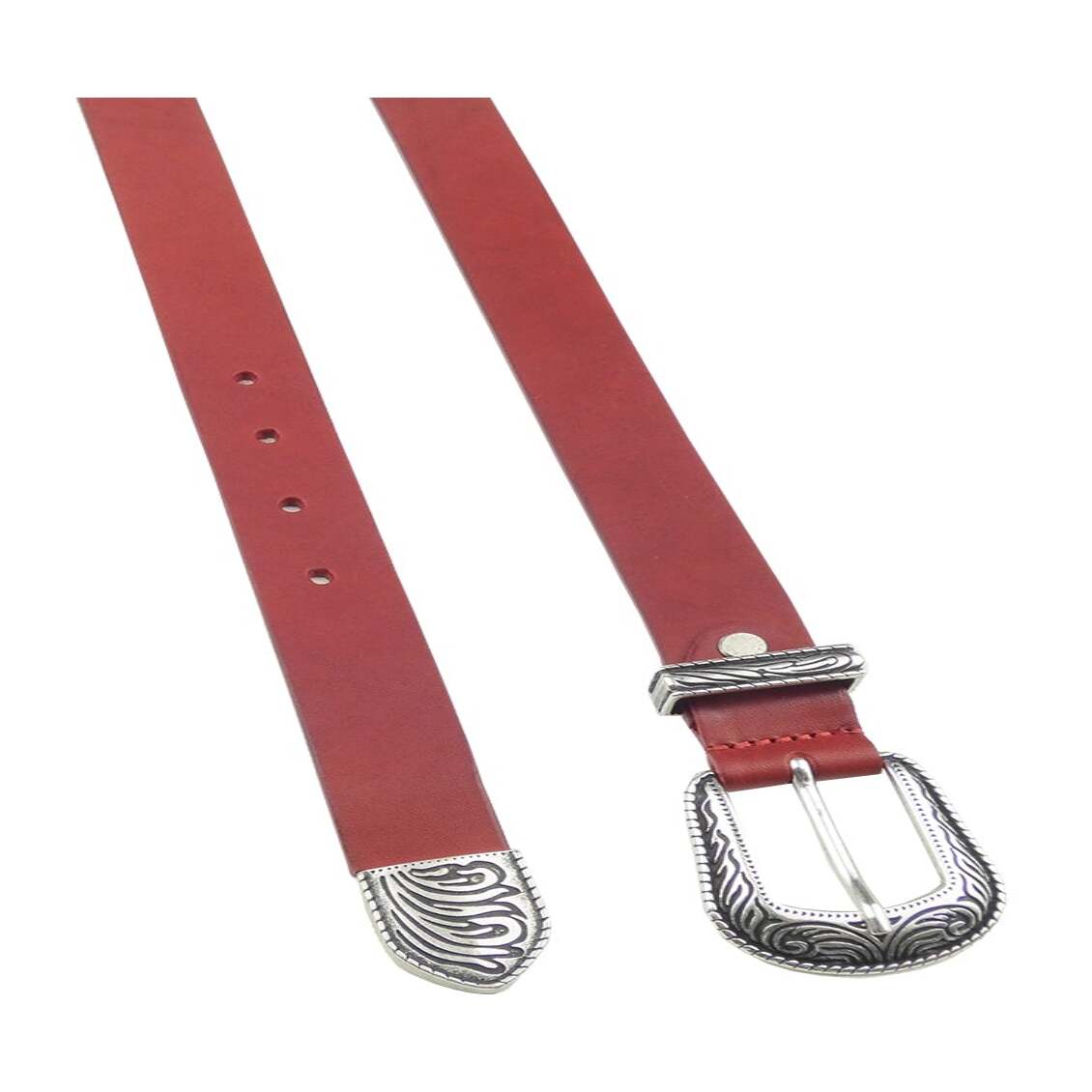 Cinturón de piel de 3cm con hebilla de zamak plata envejecida.